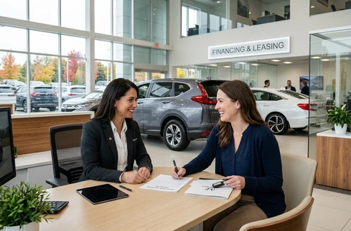 DriveWise lending specialist reviewing a car loan application with a client in a bright modern office